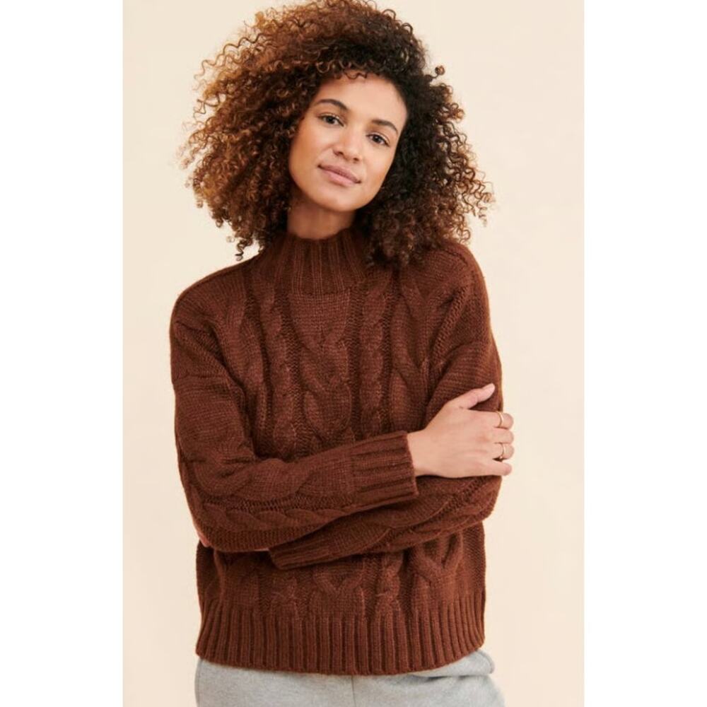 En Saison Revolve Cable Knit Sweater Brown Mock Neck Long Sleeve Pullover Sz XS